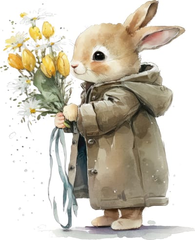 Poster konijn met bloemen-posters-A4 formaat-watercolours spring-winter animals-dieren-kinderkamer accessoires-babykamer accessoires