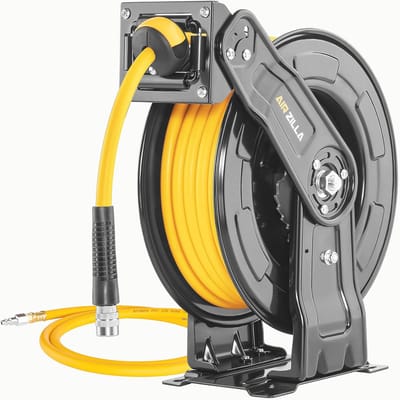 Premium stalen intrekbare luchtslanghaspel met dubbele arm - 3/8" x 65' hybride polymeerslang - Automatische terugspoelspoel en snelle luchtkoppeling