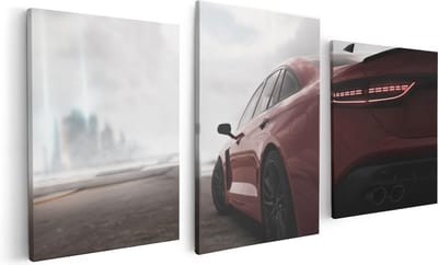 Artaza Canvas Schilderij Drieluik Rode Sportwagen Auto - 120x60 cm - Wanddecoratie Woonkamer - Schilderijen - Muurdecoratie