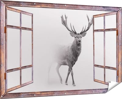Gards Tuinposter Doorkijk Hert - Zwart Wit - 180x120 cm - Tuindoek - Tuindecoratie - Wanddecoratie buiten - Tuinschilderij