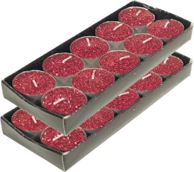 Gerim theelichtjes/waxinelichtjes kaarsjes- 20x - rood glitters 3,5 cm