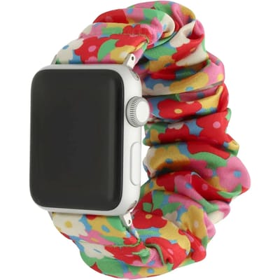 123watches bandje Bloomsy - scrunchie - nylon - bloemen regenboog - 38 · 40 · 41 & 42 mm · S/M - Geschikt voor Apple Watch series 1/2/3/4/5/6/7/8/9/10/11/12/SE/SE2/SE3