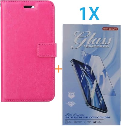 Bookcase Geschikt voor: Apple iPhone 16 Pro Max - Roze - portemonnee hoesje - + 1X Tempered Glass Screenprotector