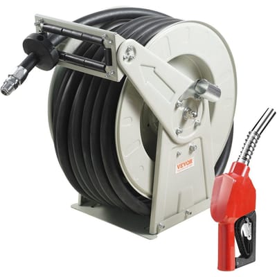 Brandstofslanghaspel, 1  x 50', Extra Lange Intrekbare Diesel Slanghaspel, Robuuste Koolstofstalen Constructie met Automatische Brandstofkraan, NBR Rubberen Slang