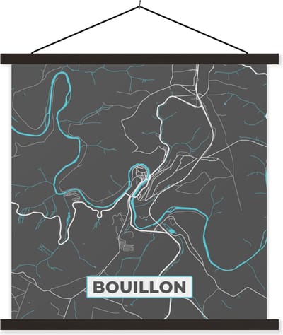 Posterhanger incl. Poster 60x60 cm - Schoolplaat - Plattegrond – Bouillon – Blauw – Stadskaart - Kaart - België - Textielposter - Zwarte latten - Stadskaart