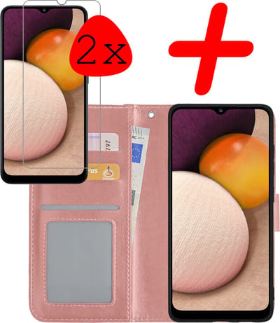 Hoesje Met 2x Screenprotector - Geschikt voor Samsung Galaxy A02s - Luxe Pasjeshouder - Bookcase Portemonee - Flip Case - Kunstleer Book Case - Flipcase Hoes - Book Cover - Walletcase - Portemonneehoes - Rosé goud