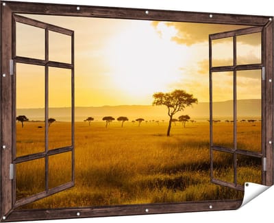 Gards Tuinposter Doorkijk Zonsondergang in de Savanne - 180x120 cm - Tuindoek - Tuindecoratie - Wanddecoratie buiten - Tuinschilderij