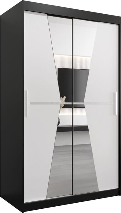 InspireMe - Kledingkast met 2 schuifdeuren, Modern-stijl, Een kledingkast met planken en een spiegel (BxHxD): 120x200x62 - TOTO 120 Zwart Mat + Wit Mat