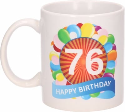 Beallatio Decorations - 76 jaar Verjaardag koffiemok - cadeau beker - feestelijke ballonnen print - 300 ml - keramiek - wit