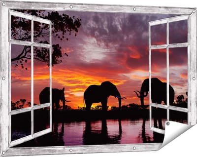 Gards Tuinposter Doorkijk Olifanten tijdens Zonsondergang - Silhouet - 120x80 cm - Tuindoek - Tuindecoratie - Wanddecoratie buiten - Tuinschilderij