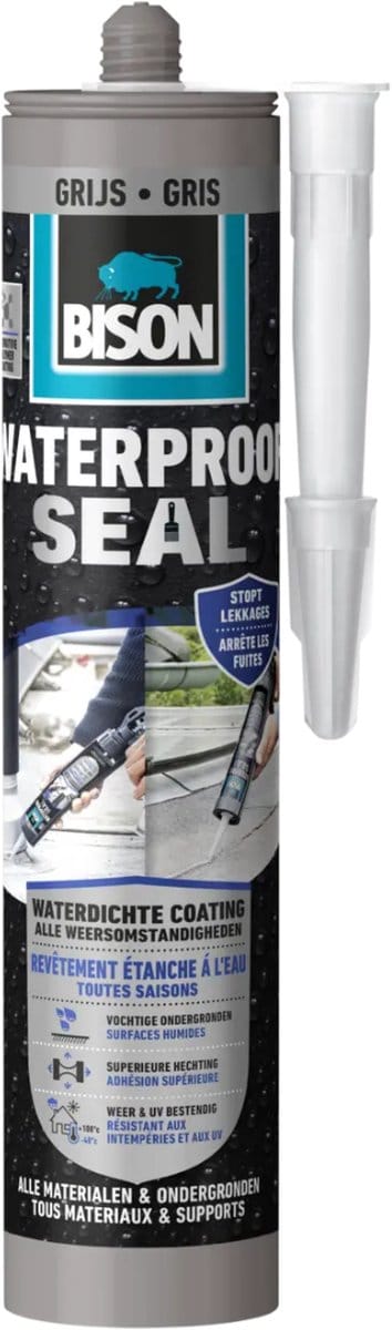 Bison Waterproof Seal grijs koker 290 ml, waterdichte coating, alle weeromstandigheden, waterdicht maken, dakovergangen, carports, caravans, dakgootreparatie