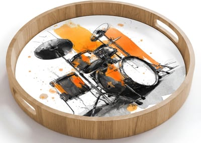 Dienblad rond 40x40 cm - Schootdienblad hout - Drumstel - Oranje - Zwart - Aquarelverf - Borrelplank rechthoek - Plateau houten dienbladen