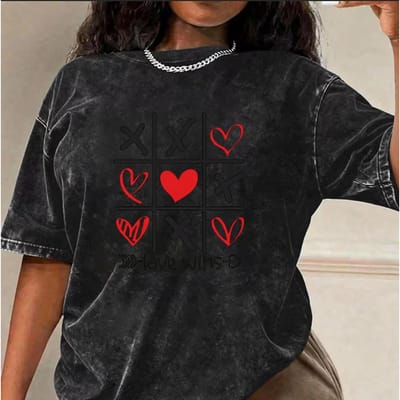 T-shirt Lavé Rétro Noir avec Imprimé Mignon en Forme de Cœur pour l'Été la Saint-Valentin Chemise Décontractée Oversize en Coton 2XL black