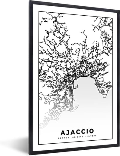 Fotolijst incl. Poster Zwart Wit- Kaart - Stadskaart - Ajaccio - Frankrijk - Plattegrond - Zwart wit - 40x60 cm - Posterlijst