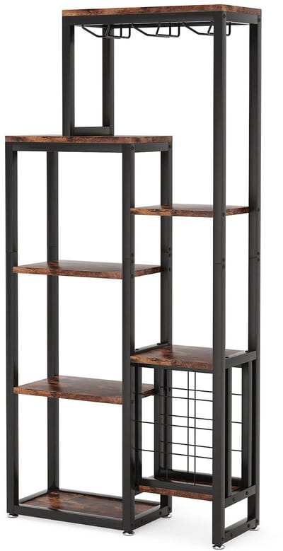 NaevaMi Wijnkast - Wijnrek - Wijnkast Industrieel - Wijnrek Muur - Wijnglashouders - Flessenhouders - Hout en Metaal - 5 Laags - Bruin/Zwart - 175x80x30cm