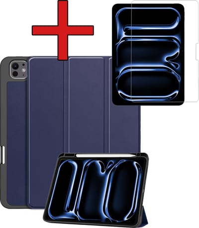 Hoesje - Geschikt voor Apple iPad Pro (2024/2025) - 11 inch - Met Screenprotector - Trifold Bookcase Hoes - Hard Cover Case - Met Uitsparing Geschikt voor Apple Pencil - Hardcover Book - Tablethoes - Donkerblauw