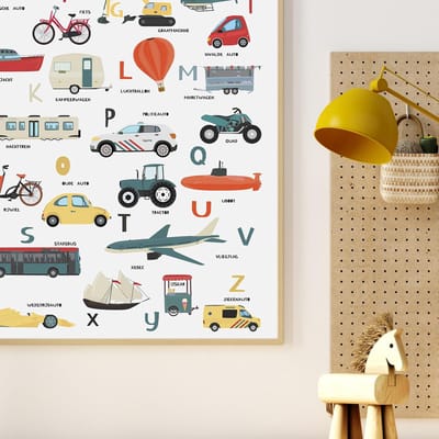 Voertuigen Alfabet Poster Nederlands 50x70 cm – Leren Lezen ABC Poster met Auto’s – Educatief Speelgoed voor Peuters & Kleuters – Kinderkamer Decoratie