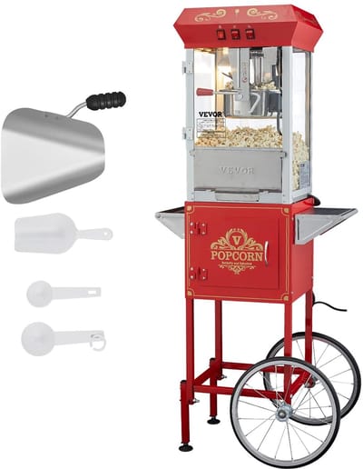 Popcornmachine met wagen - Snackapparaat - Feestelijke traktaties maken - Hoge capaciteit ketel - 48 kopjes per keer - Rood