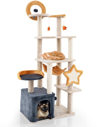 COSTWAY Krabpaal, 160 cm meerlaagse kattenboom met sisal krabpalen & -plank, huis, pluche zitting, platforms, hangspeelgoed, springbal, kattenkrabpaal, grote kattentoren