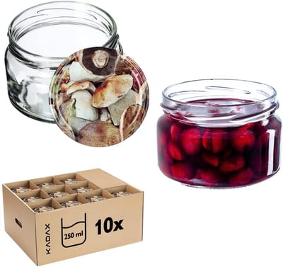 KADAX Kleine inmaakpotten, 250 ml, jampotten met deksel, luchtdichte potten om cadeau te geven, mini-potten voor honing en specerijen (10 stuks, champignons)