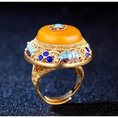 Oude Gouden Ambacht Paleisstijl Natuurlijk Gele Chalcedoon Lotus Emaille Porseleinen Ringen Voor Vrouwen Luxe Diner Sieraden resizable beige