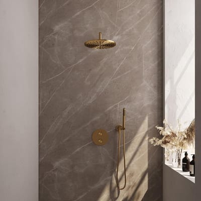 Brauer Gold Edition thermostatische inbouw regendouche 3-weg rond SET 76 met 30 cm douchekop en gebogen muurarm en staaf handdouche en doucheslang en wandaansluitbocht goud geborsteld PVD