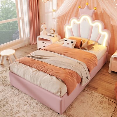 Sweiko Kinderbed - 90 x 200 cm - LED-verlichting - Opbergruimte - Prinsessenbed - Verstelbaar hoofdeinde - PU - Roze