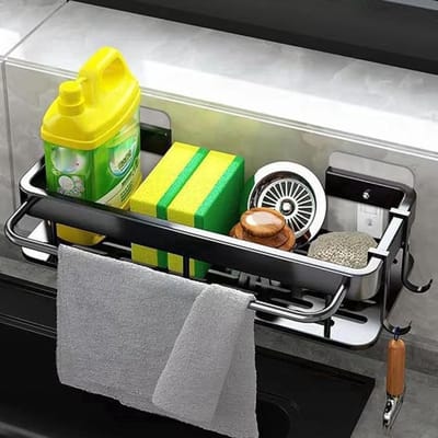 Zelfklevend opbergrek met handdoekstang en haakjes voor spoelbak en douche