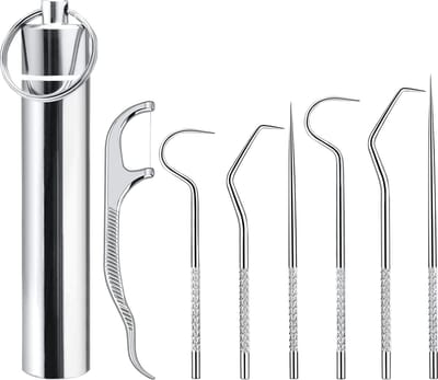 Flosserset - RVS - Tandenstokers - 8 stuks - Mini Conical Tandenstokers - RVS Tandarts Setje - Incl Haakje - tandartshaakje - Tandplak & Cosmetische Tandverzorging - reisset - Dragen