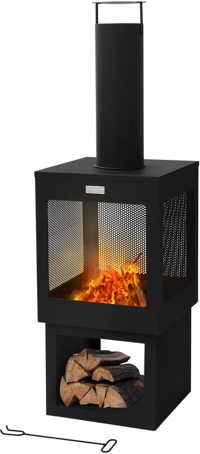 Tuinhaard met schoorsteen 128x40 cm vierkant zwart stalen terrasverwarmer met pook verwijderbaar dak ML design