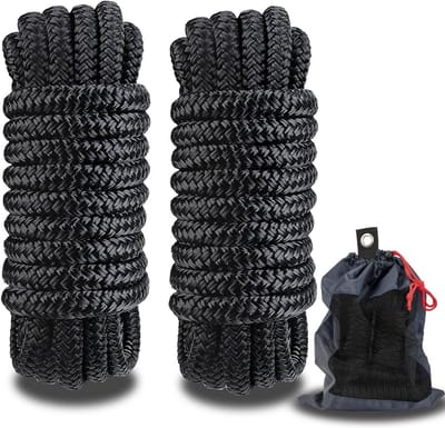 Set van 2 Dubbel Gevlochten Nylon Aanmeerlijnen Zwart - 8 inch x 15 FT - Sterk en Duurzaam Bootstouw met Oog