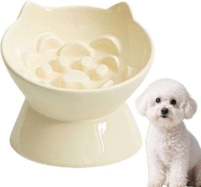 Verhoogde Kattenkom - Keramische Voerschaal - Comfortabel Eten - Vermindert Cervicale Belasting - 20.5 cm Hoog - Beige Geel
