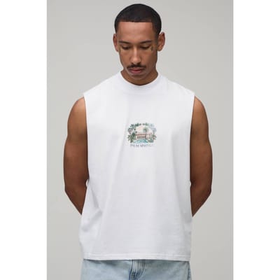 Wit Oversized Boxy Tanktop Met Palm Springs Print | White | Size Medium