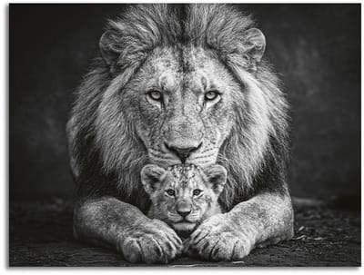 Schilderij Woonkamer - Modern Canvas Kunstwerk - 100 x 75 cm - Leeuw met Cub Verbonden in Kracht No5 Zwart / Wit