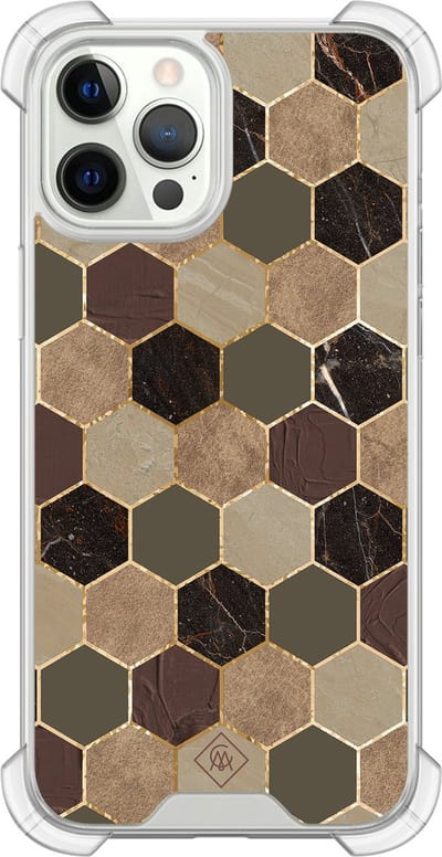 Casimoda® hoesje - Geschikt voor iPhone 12 Pro - Kubus Groen Bruin - Shockproof case - Extra sterk - Siliconen/TPU - Bruin/beige, Transparant