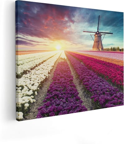 Artaza Canvas Schilderij Molen - 50x40 cm - Wanddecoratie Tulpenveld - Muurdecoratie Zonsondergang - Kamer Accessoires Bloemen