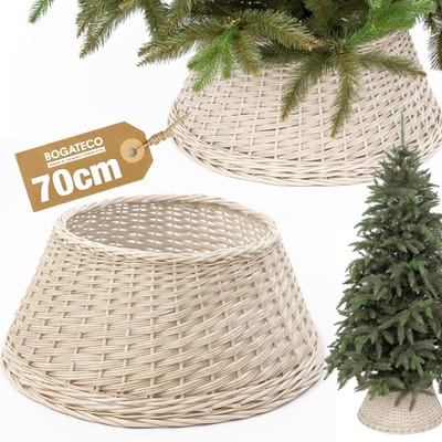 BOGATECO rieten mand voor de kerstboom 70cm diameter | Kerstboomrok van wilgenhout | Kerstboommand | Naturelkleurige kerstboomstandaard van wilgenhout | Handgemaakt | Wit