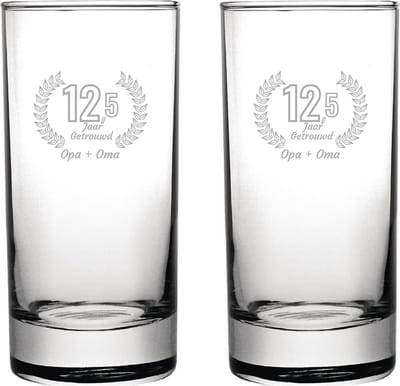 Gegraveerde set Longdrinkglazen 28,5cl Opa + Oma 12,5 jaar getrouwd