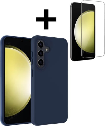Hoesje - Met Screenprotector - Geschikt voor Samsung Galaxy S23 FE - Sterk & Shockproof - Back Cover - Siliconen Case - Telefoon Hoes - Telefoonhoesjes - Donkerblauw