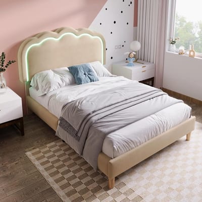 Gestoffeerd Eenpersoonsbed - Bedframe met Led - Slaapkamer Sfeer - Verstelbaar Hoofdeinde - 90 x 200 cm - Beige