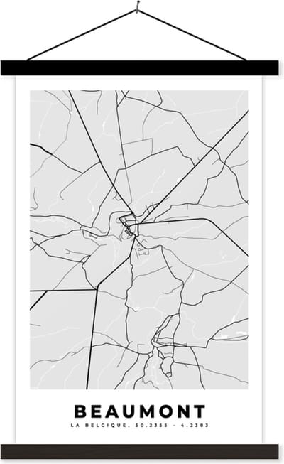 Posterhanger incl. Poster 40x60 cm - Schoolplaat - Plattegrond – Beaumont – Zwart Wit – Stadskaart - Kaart - Textielposter - Zwarte latten - Stadskaart