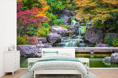 Behang - Fotobehang Stenen - Water - Bomen - Japans - Botanisch - Breedte 450 cm x hoogte 300 cm