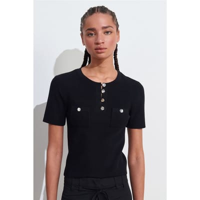Geribbelde Brei Blouse met Knoopdetails