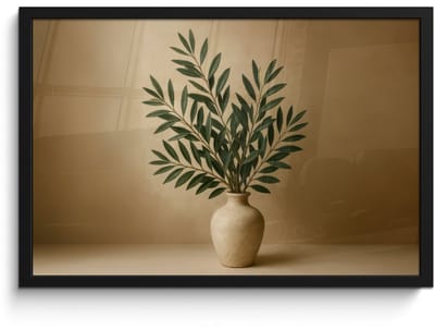 Poster in lijst - Fotolijst 60x40 cm - Posters - Vaas - Olijftakken - Bladeren - Beige - Posterlijst zwart - Decoratie - Wanddecoratie woonkamer - Muurdecoratie slaapkamer