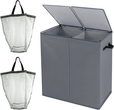 Livano Wasmand 2 Vakken - Wassorteerder - Laundry Basket - Wassorteerder Op Wieltjes - Bag - Donkergrijs - 166 Liter