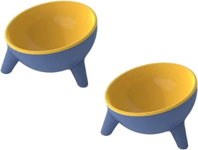 2x Verhoogde Kattenvoerbakken – 15° Schuin Ontwerp – Dubbele Voer- en Waterbakken – Geel – Voor Katten en Kleine Honden