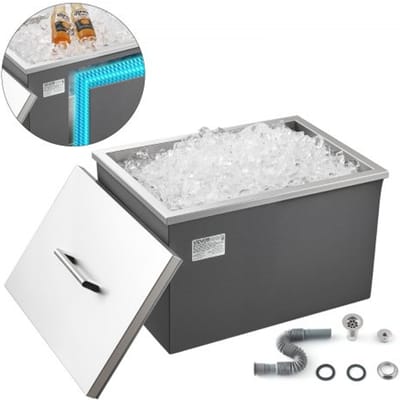 VEVOR Inbouwkoelbox (508 x 355 x 342 mm) Roestvrijstalen inbouwkoeler, 30 liter Commerciële inbouwkoelbox met deksel voor buitengebruik, inclusief afvoerpijpset, voor gekoelde wijn en bier
