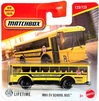 MATCHBOX MBX EV SCHOOL BUS USA YELLOW 123/125 1:64 SHORT CARD 2025