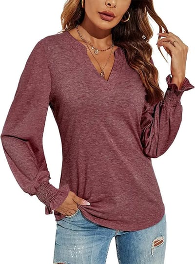 ASTRADAVI Casual Wear - Dames V-Hals Blouse - Stijlvolle Top met Geplooide Mouwen - Heather Wijnrood / Small