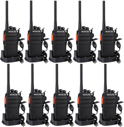 Portofoonset voor beveiliging Retevis RT24- Walkie Talkie- PMR446 Vergunningsvrije- VOX- 16 Kanalen- CTCSS/DCS- Professionele Walkie Talkies - met Headset en USB-laadstation-10 Stuks - Zwart